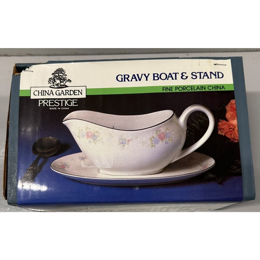 Vintage Prestige Fine China Porcelain China Garden Gravy Boat W/Underplate New